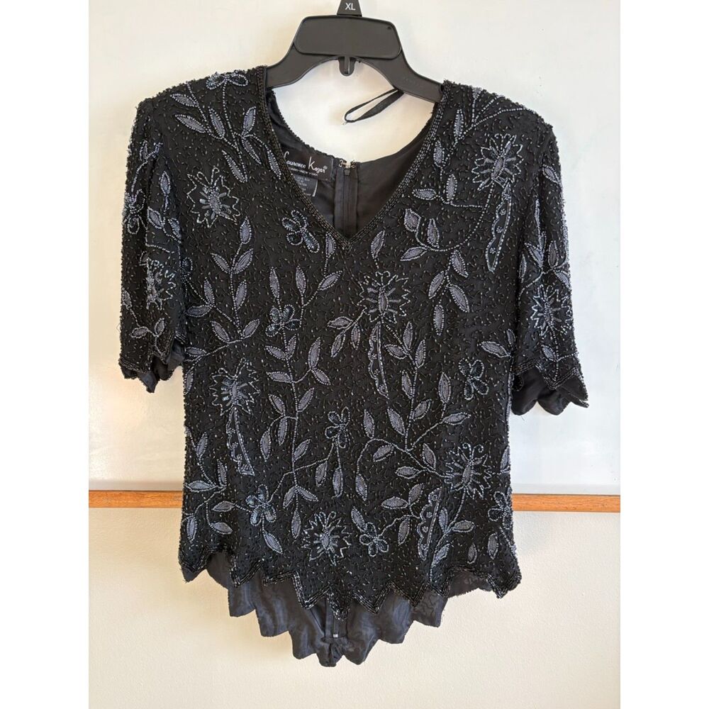 Vintage Laurence Kazar Silk Beaded Sequin Evening Top, Black, XL